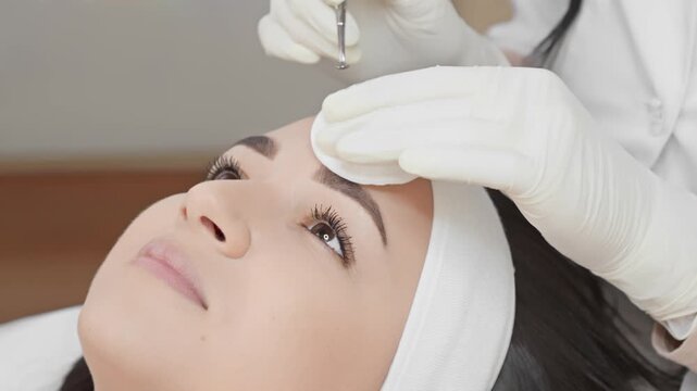 Close up of a cosmetologist performing a facial extraction procedure on a client&rsquo;s forehead, focusing on clear skin and hygiene. The scene highlights modern skincare and beauty trends