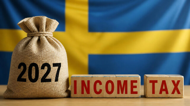 2027 income tax payment with burlap money sack. Financial planning concept for tax season deadline and budgeting savings.