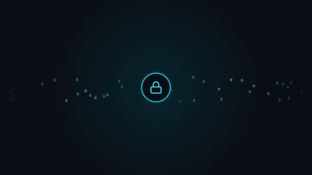 Cybersecurity data encryption lock with binary code stream flowing into padlock