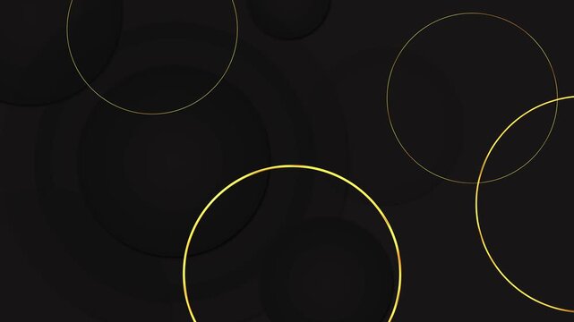Layered dark circular forms combine with thin glowing gold rings for a minimal luxury background. elegant presentations, fashion slides, premium branding, title screens, modern motion graphics.