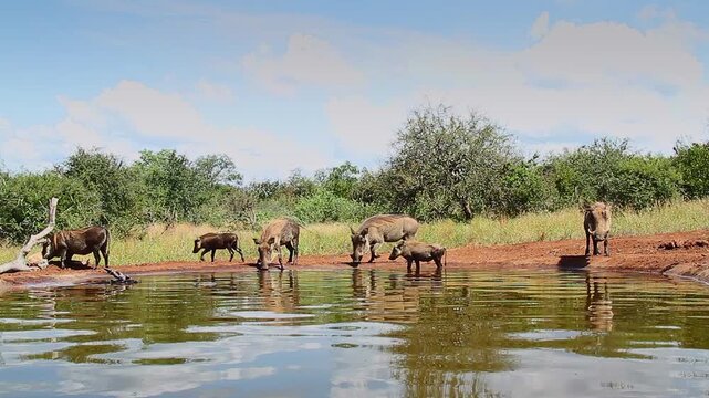 Common warthog family drinking and bathing in waterhole in greater Kruger National park, South Africa ; Specie Phacochoerus africanus family of Suidae