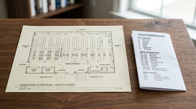 Warehouse floor-plan diagram resting on a drafting table beside a folded zone legend &ndash; stock photo for warehouse and logistics management concept