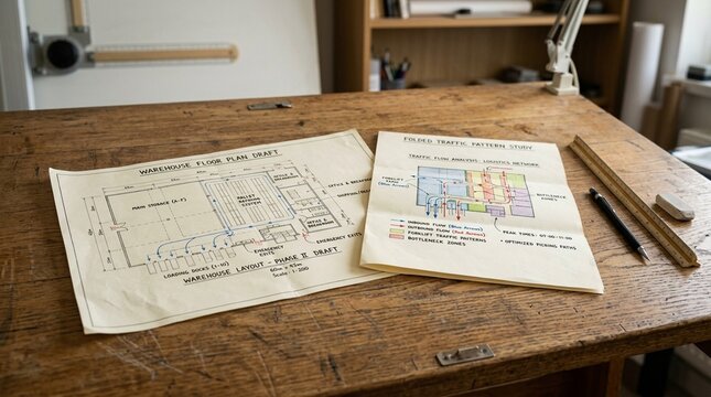 Warehouse floor-plan draft resting beside a folded traffic pattern study on a drafting table &ndash; stock photo for warehouse and logistics management concept