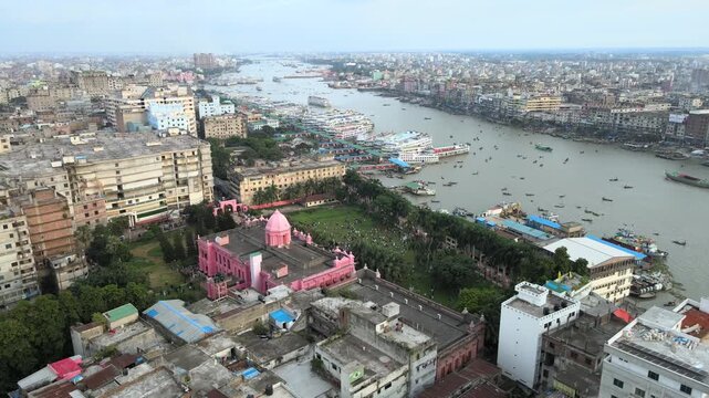Aerial Drone View of Ahsan Manzil, Sadarghat Launch Terminal and Buriganga River, Old Dhaka, Bangladesh