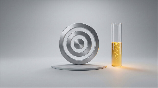 Metal target symbol placed next to glass test tube with yellow liquid. Industrial chemical research and development concept. Science lab experiment for product quality analysis