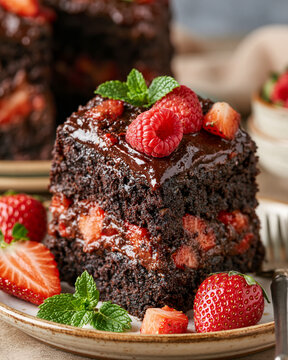 Elegant sugar-free chocolate cake with fresh berries, representing healthy dessert choices for diabetic-friendly nutrition.
