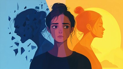 Plakat Woman experiencing emotional duality and mood swings representing borderline personality disorder. Mental health illustration showing internal conflict, sadness, anger, and inner peace.