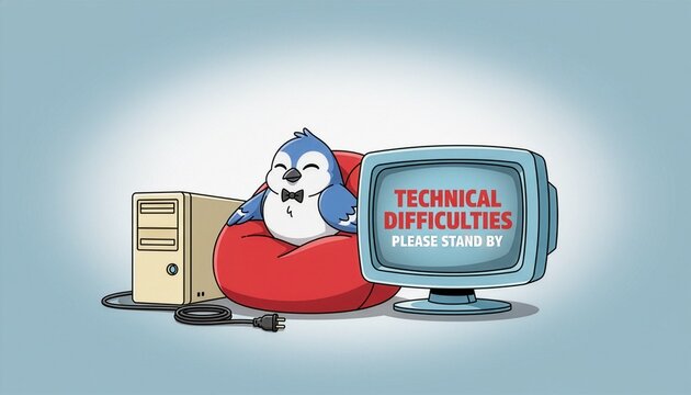 Technical difficulties please stand by text message on a vintage monitor with a cute blue bird relaxing on a red bean bag next to a computer case with an unplugged wire
