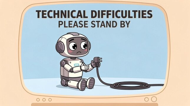 Retro TV screen illustration with technical difficulties please stand by message, featuring a cute sad robot holding a disconnected power plug on a minimalist background