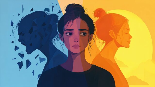 Woman experiencing emotional duality and mood swings representing borderline personality disorder. Mental health illustration showing internal conflict, sadness, anger, and inner peace.