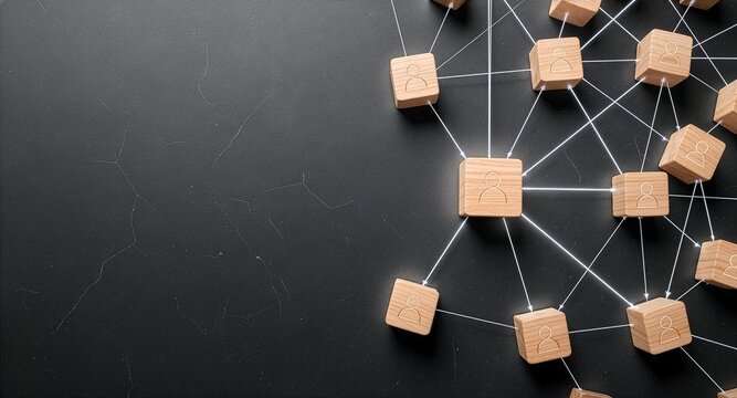 Complex human resources network concept on dark cracked background with numerous wooden cubes showing people icons interconnected by bright glowing lines with ample copy space.