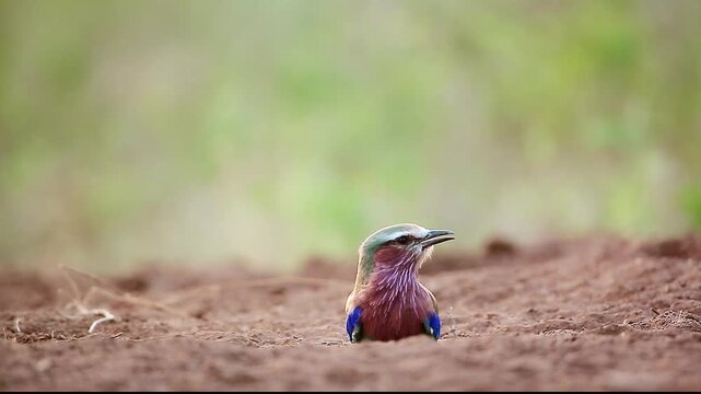 Lilac breasted roller grooming and shaking in sand in Greater Kruger National park, South Africa ; Specie Coracias caudatus family of Coraciidae