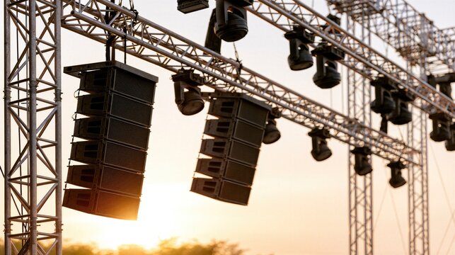 Concert production. Professional line array speakers and stage lighting mounted on aluminum truss for live concerts, festivals, touring events and outdoor performances.