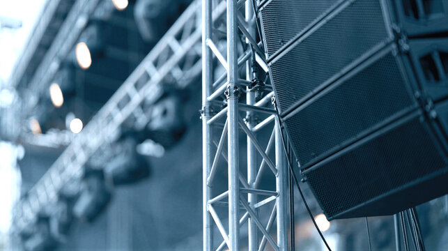 Concert production. Professional line array speakers mounted on an aluminum truss system for live concert sound reinforcement and large event audio coverage.