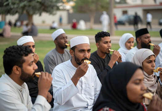 Muslim community members breaking their fast together during ramadan iftar meal outdoors in a park setting, the group of men and women are eating food, observing the ramadan tradition