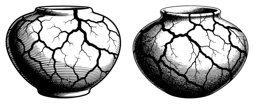 Broken ceramic pots with cracks, vintage engraving vector illustration of two cracked clay vases or antique pottery symbolizing fragility and damage