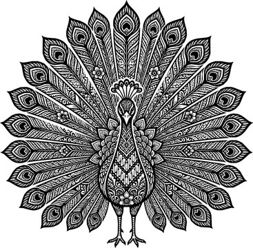 Ornate Tribal Peacock Mandala Batik Indonesia Line Art Vector Logo