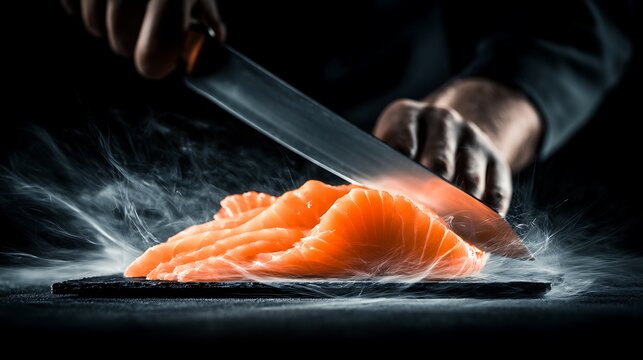 Orange carrot slices with knife on dark background, cutting board