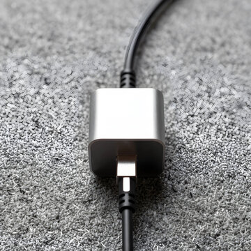 Silver usb c adapter connected to a black cable on a gray textured surface, technology and connectivity