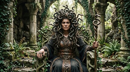 Obraz premium Woman dressed as Medusa sitting on stone throne in ivy-covered garden with snake headgear and staff. Mythological Gorgon character for World Snake Day concept. Fantasy cosplay photography.