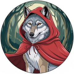 Wolf wearing a red hood in a forest. Fairy tale character illustration in circular frame. © Chris