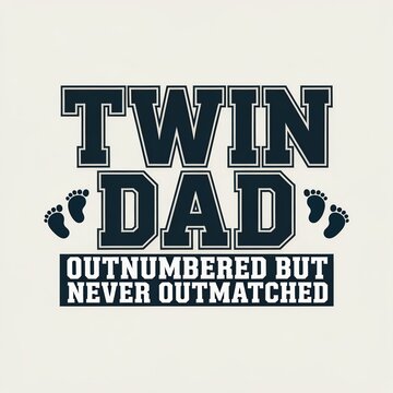 Twin dad Outnumbered But Never Outmatched graphic design. Typography quote for fathers of twins with baby footprint icons.