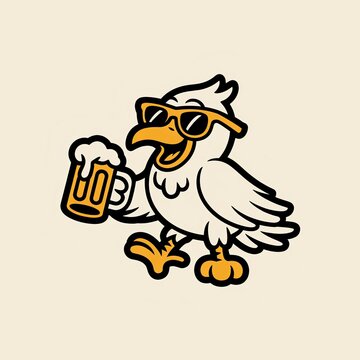 Cool crow logo design with beer. Vector mascot illustration of a bird drinking ale.