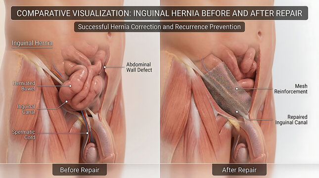 Hernia Before vs After Repair: Herniated Bowel vs Mesh Reinforced Canal