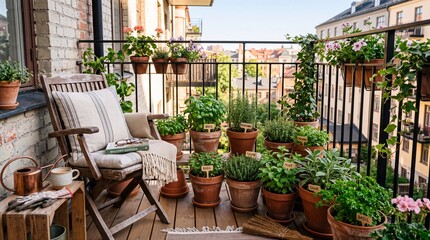 Fototapeta premium Cozy balcony garden with potted herbs. Relaxing urban terrace with wooden chair and plants.
