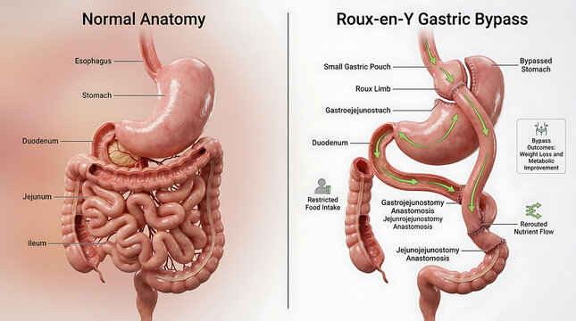 Intestine Before vs After Gastric Bypass: Normal Anatomy vs Roux-en-Y Bypass