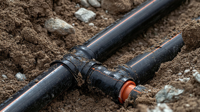 Black polyethylene water pipes and T-junction fitting installed underground in a soil trench. Ideal for infrastructure, plumbing, and utility construction projects.