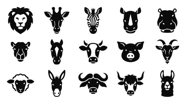 Set of black animal head icons including a lion giraffe zebra and a leaf icon design element style