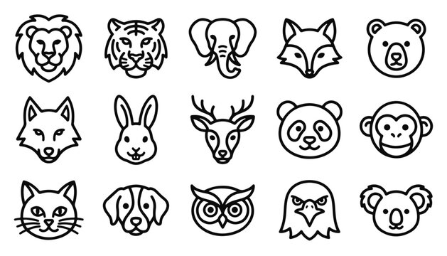 Set of cute animal face line art icons including a leaf icon design style for nature wildlife projects