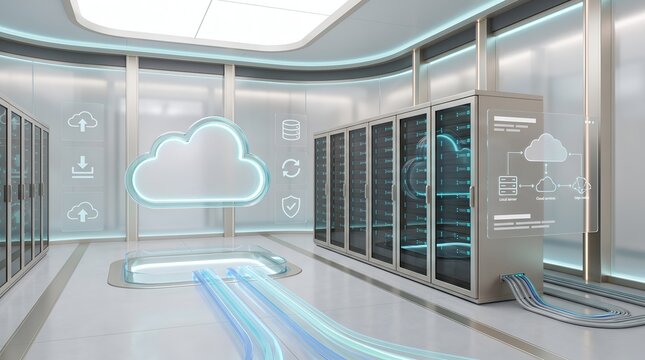 Cloud migration concept showing modern server room with holographic network architecture interface and glowing data transfer lines