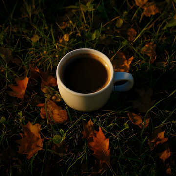 White coffee mug with dark coffee on green grass and fallen autumn leaves in Warm sunlight, Warm sunlight illuminates the scene, creating a tranquil and cozy atmosphere