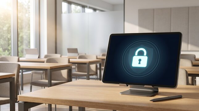 Student data privacy concept featuring glowing padlock on digital tablet in empty modern classroom for elearning cybersecurity