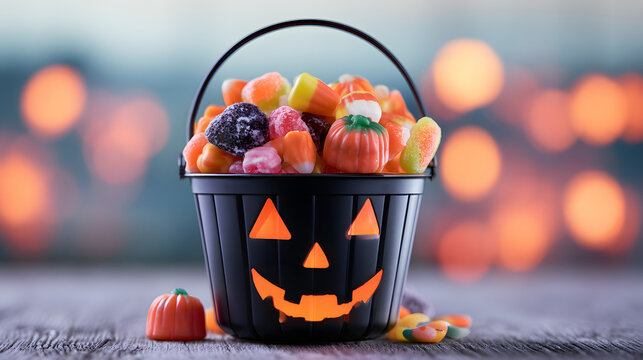 A bokeh background showcases an overflowing bucket of Halloween sweets and treats