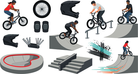 Fototapeta premium BMX bike extreme sports vector elements set with riders doing stunts on ramps rails pools and safety gear