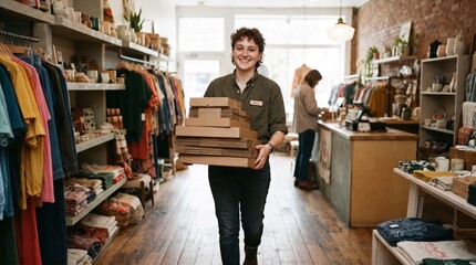 Naklejka premium Smiling shopkeeper carries stack of cardboard boxes inside a retail store filled with clothing and merchandise