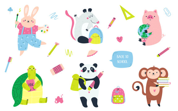 Back to school animals. Panda, rabbit, turtle, piglet, monkey, opossum
