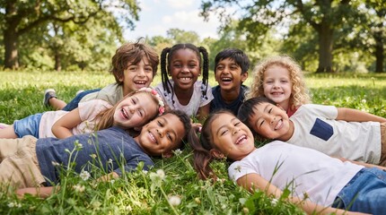 Fototapeta premium Diverse group of happy children laughing and lying on green grass in a park on a sunny day
