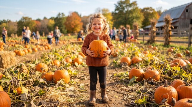 Smiling young girl holding a large pumpkin in a vibrant pumpkin patch during autumn