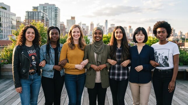 Diverse group of women standing arm in arm on a rooftop with city skyline in the background
