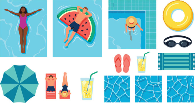 Swimming pool and summer vacation vector elements set with people floating sunbathing cocktails umbrella and inflatable ring icons