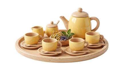 Fototapeta premium Yellow ceramic tea set on wooden tray, miniature teapot and cups with saucers, handcrafted pottery tea service for play or home decor