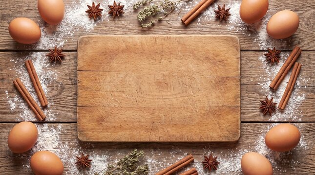 Empty wooden cutting board for baking. Rustic kitchen background with eggs and spices.