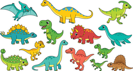 Cute Cartoon Dinosaur Character Vector Set with Tyrannosaurus Triceratops Diplodocus and Pterodactyl Icons for Kids Educational Graphic Designs © Ruhul