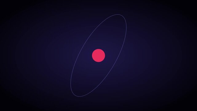 Minimalist atom model animation with rotating orbital path on dark 4k background, science physics nucleus