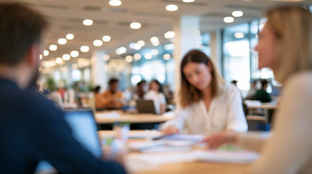School Administrator and Parent Discussing Enrollment Documents in Blurred Modern Admissions Office