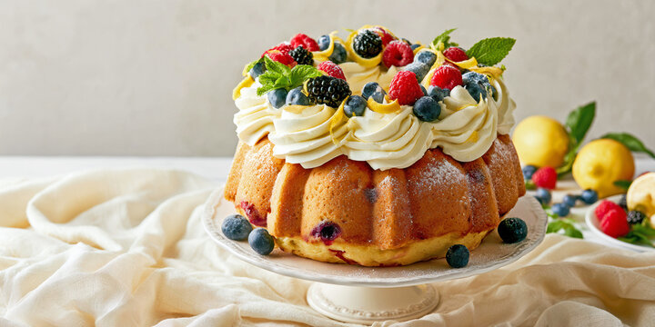 The Cake That Crowns Berries in Bright Color as Cream Swirls Rise and Citrus Light Glows Around a Bundt of Sweetness, ai generated.